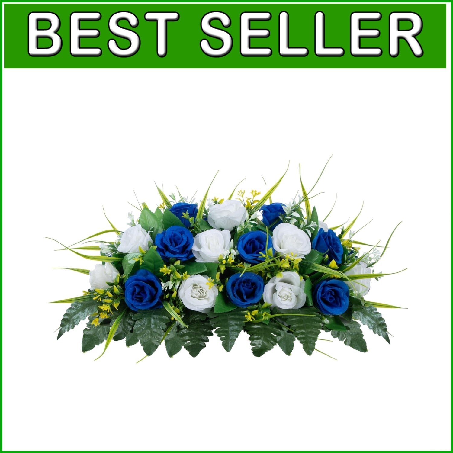 Memorial Flower Saddle for Headstones - Dark Blue & White Silk Roses Decoration