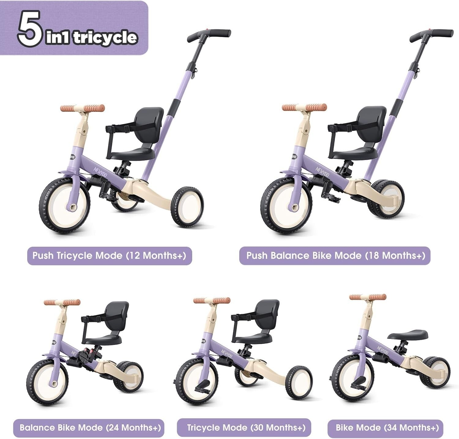 Adjustable Purple Toddler Tricycle with Safety Features - Perfect Birthday Gift