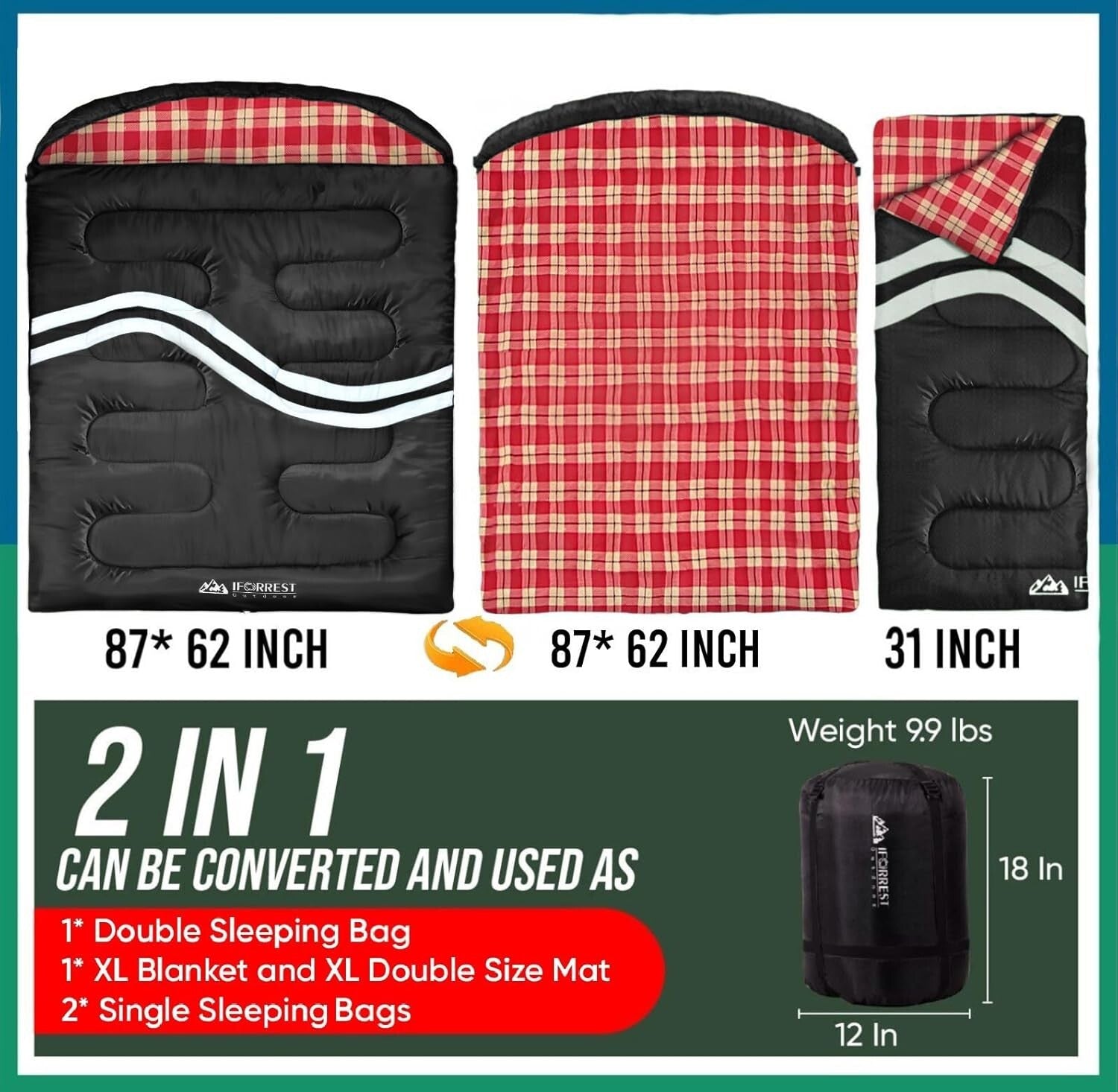 10°F Cotton Flannel Double Sleeping Bag - Waterproof, 2-Person Travel Essential