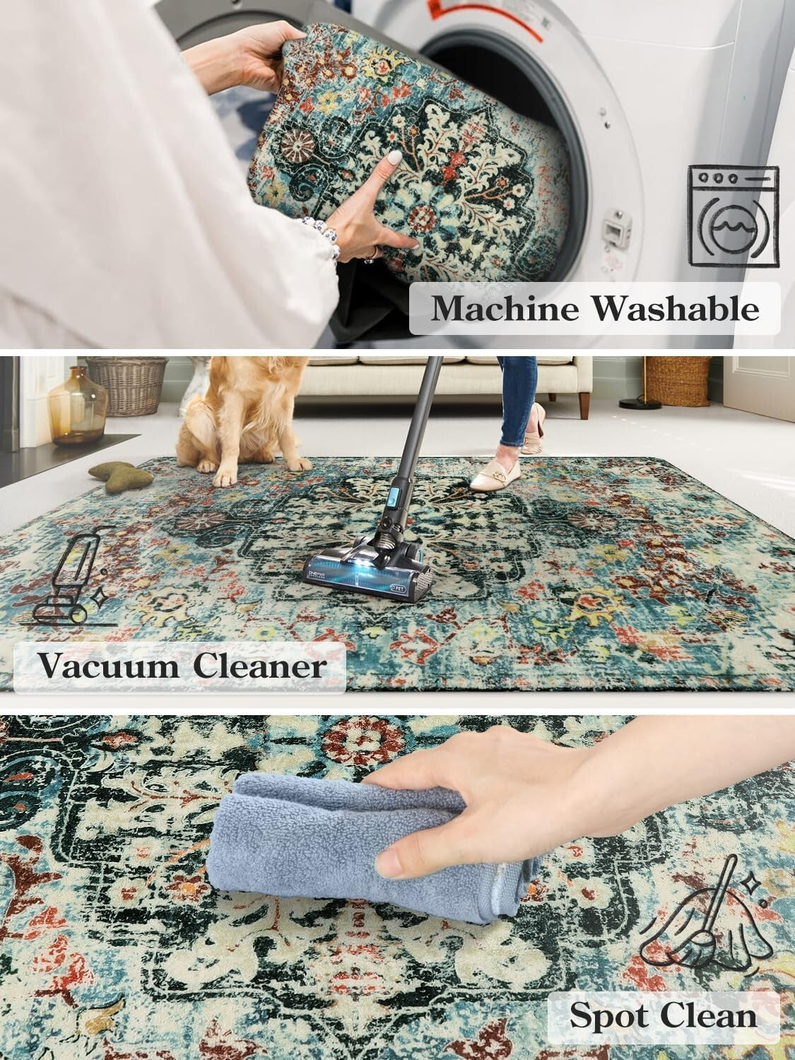 2x6 Floral Medallion Indoor Runner - Soft Faux Wool, Non-Slip & Machine Wash