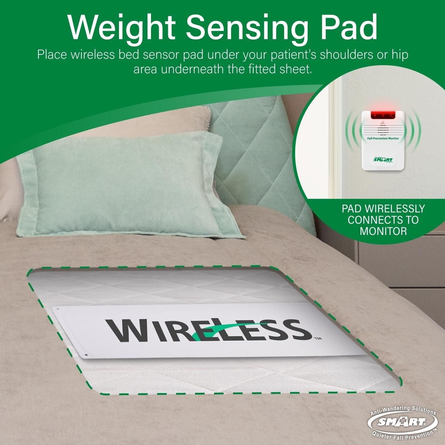 Smart Caregiver Wireless Bed Alarm System - 10x30” Safety Pad with Monitor