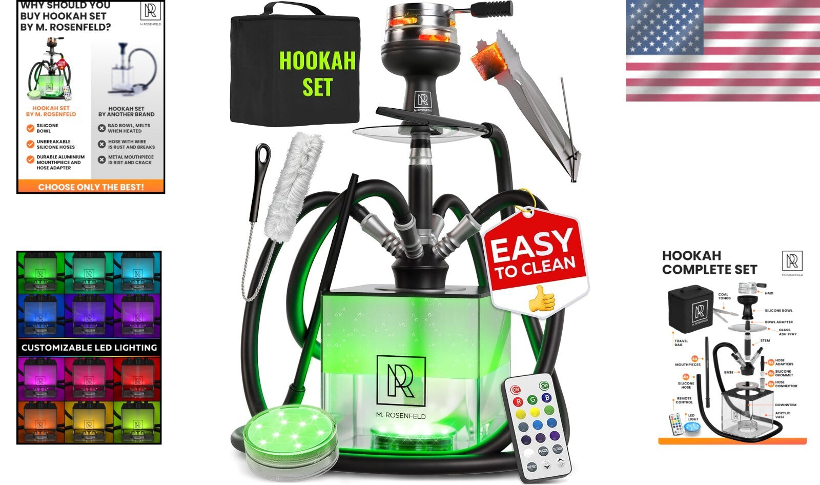 4 Hose Premium Hookah Set with LED Light - Complete Acrylic Kit & Accessories