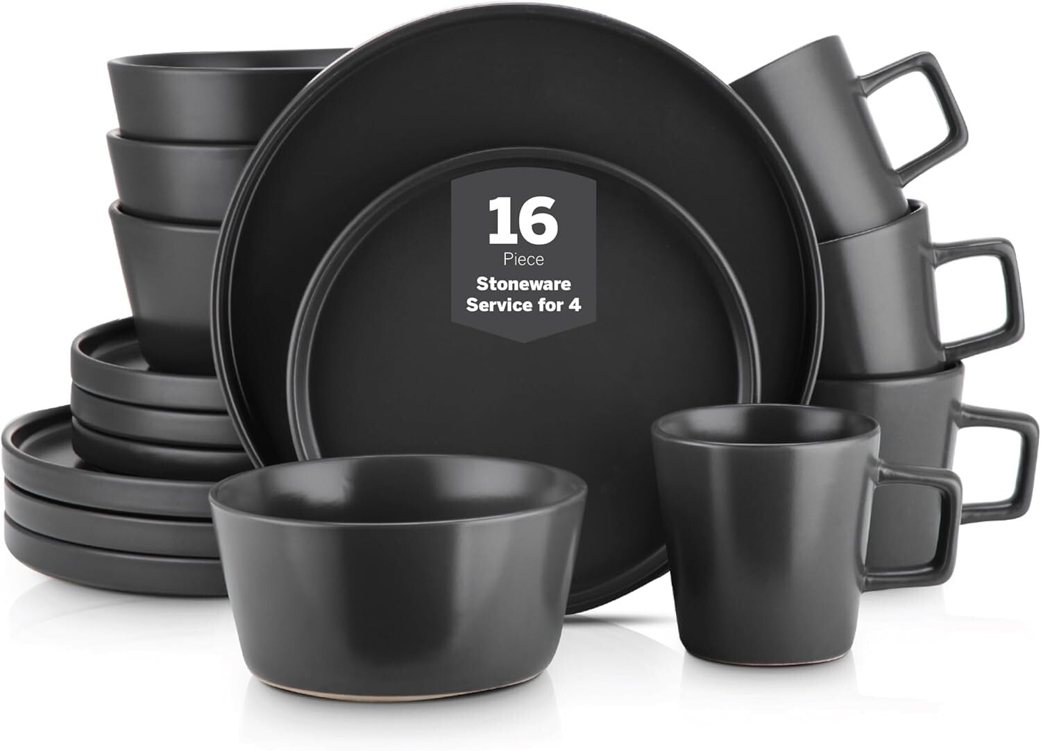 Chic 16-Piece Black Matte Dinnerware Set with Ergonomic Mugs - Durable Stoneware
