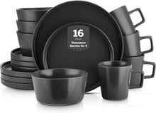 Load image into Gallery viewer, Chic 16-Piece Black Matte Dinnerware Set with Ergonomic Mugs - Durable Stoneware