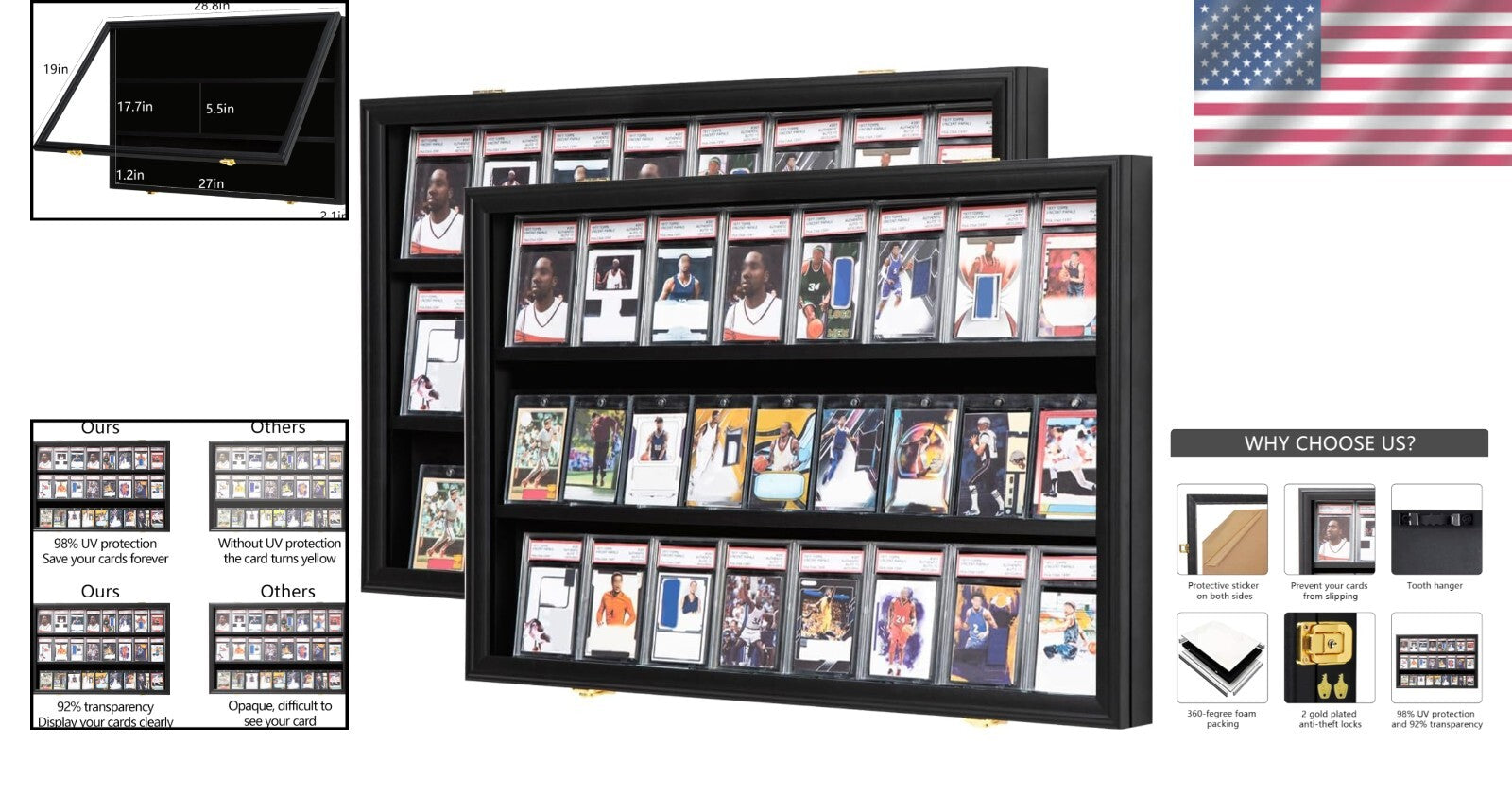 Sturdy Wooden Sports Card Display Case - Lockable with UV Shielding for 24 Cards