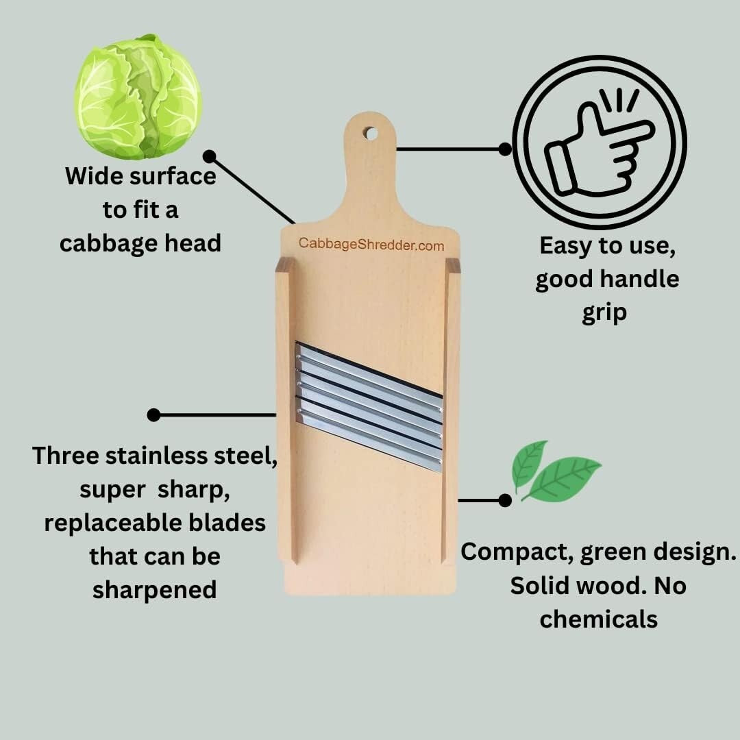 Effortless Food Prep with Wooden Cabbage Shredder & 3 Stainless Steel Blades