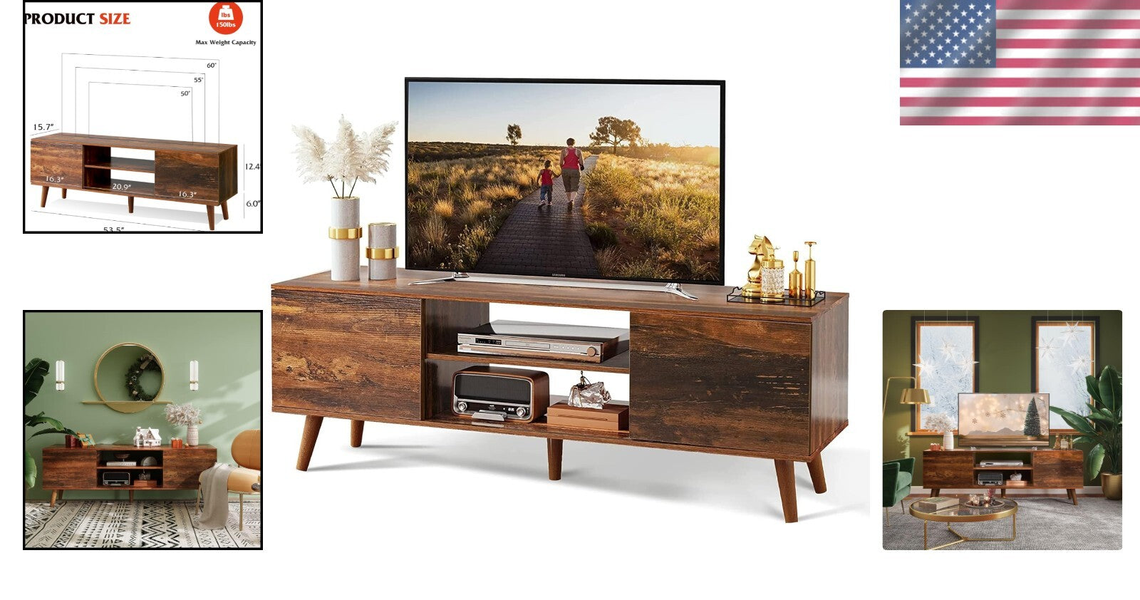 Durable Mid-Century Modern TV Stand for 50-60 Inch TVs with Storage Solutions