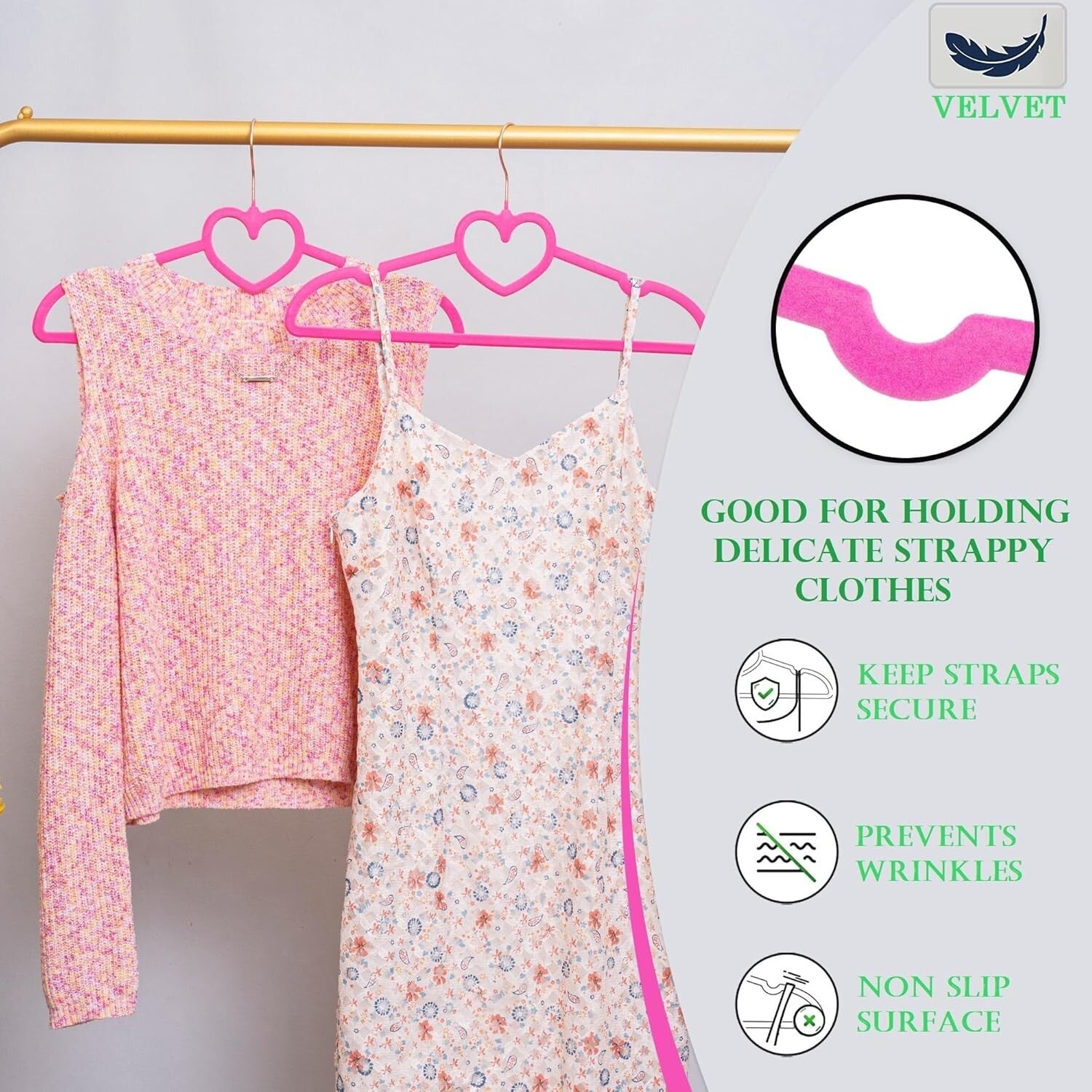 Premium Non-Slip Velvet Hangers 50 Pack - 360 Swivel Rose Gold Hooks, Hot Pink