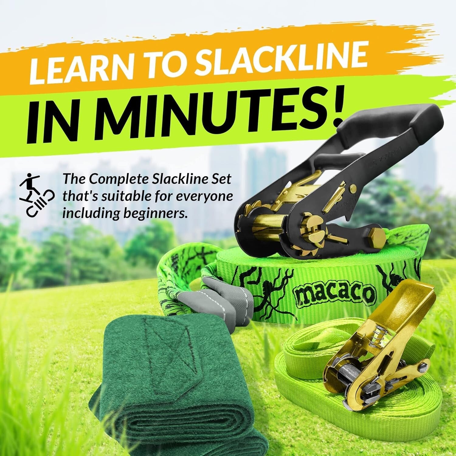 52ft Beginner-Friendly Slackline Kit with Training Line & Tree Protectors