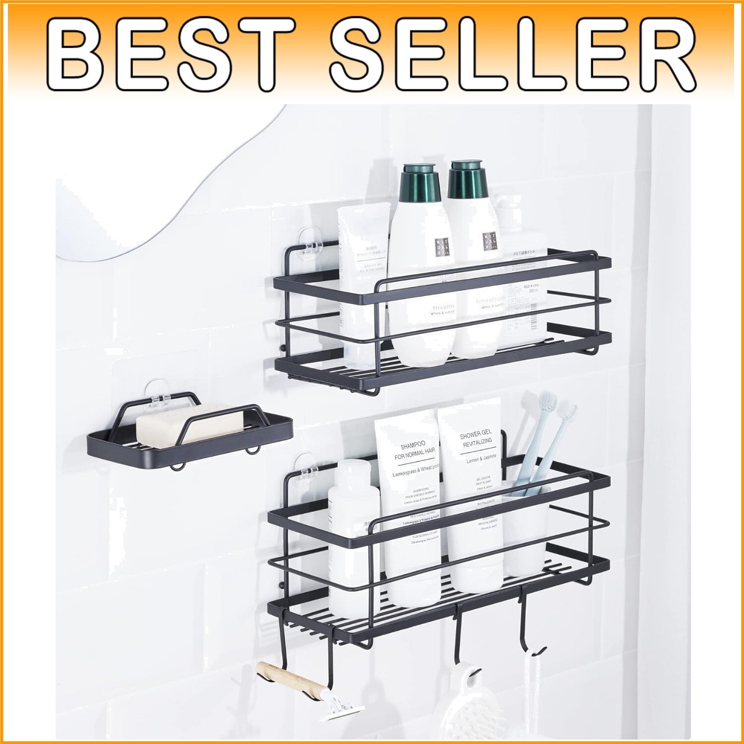 Durable No Drill Adhesive Shower Organizer with Soap Holder - 15lbs Capacity