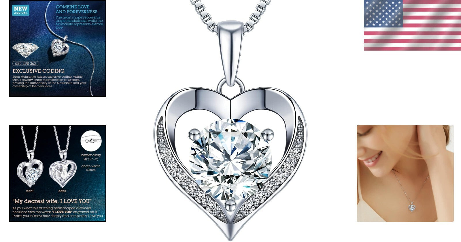 Eternity Moissanite Heart Necklace - Sterling Silver 'I LOVE YOU' Pendant Gift