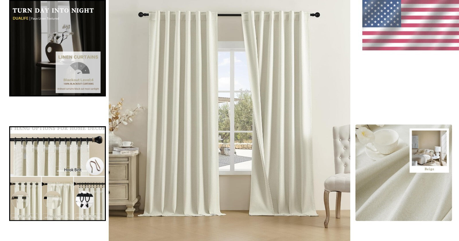 Beige Faux Linen Full Blackout Curtains 108" - Modern Insulated Drapes Set of 2