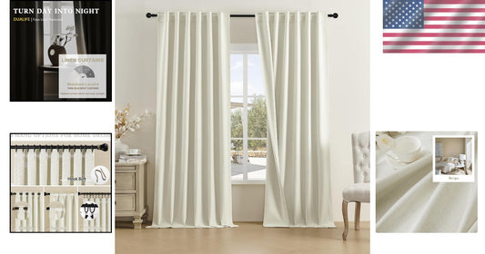 Beige Faux Linen Full Blackout Curtains 108" - Modern Insulated Drapes Set of 2
