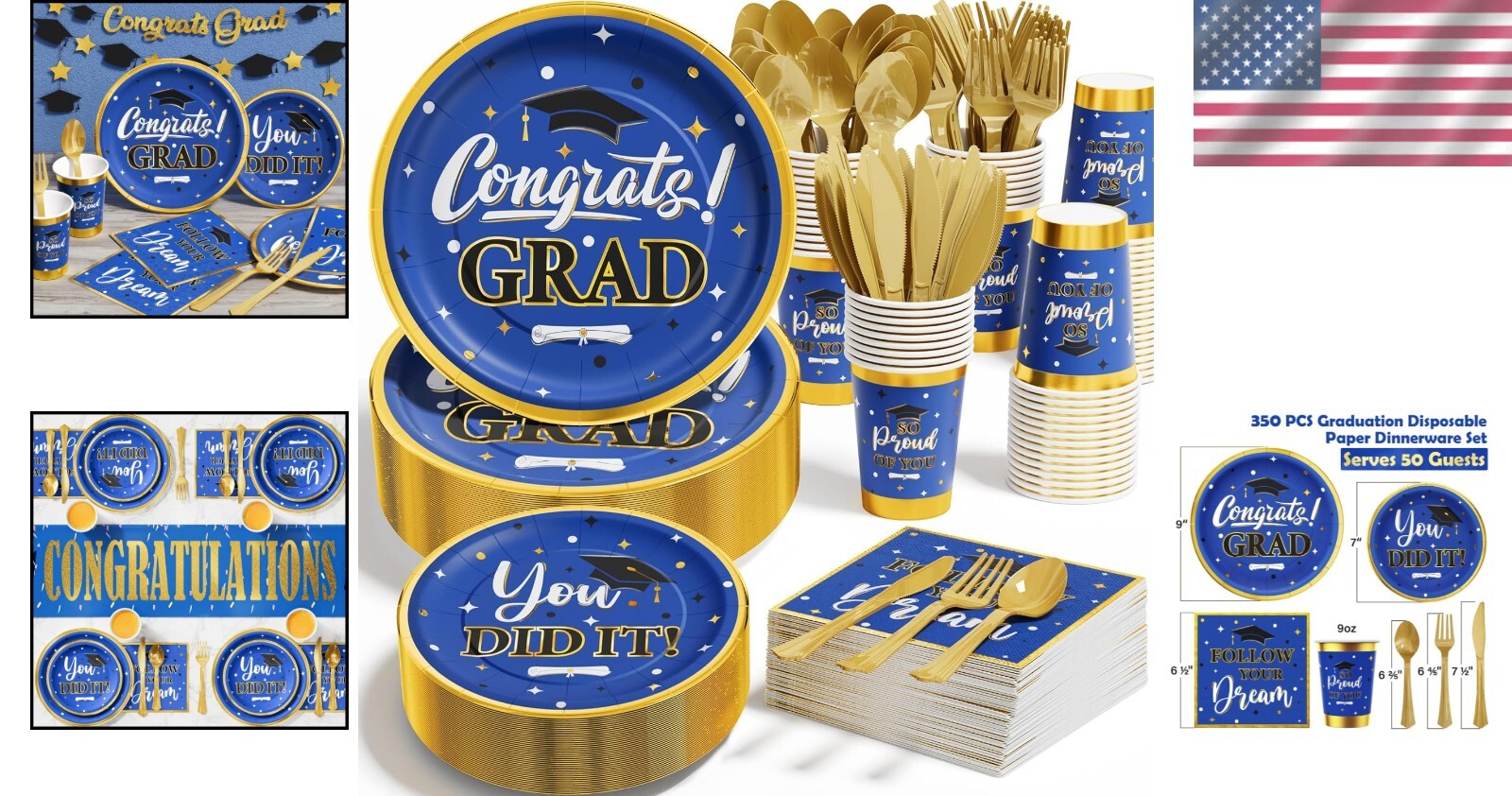 Disposable 350PCS Graduation Decorations - Blue & Gold Dinnerware for 50 Guests