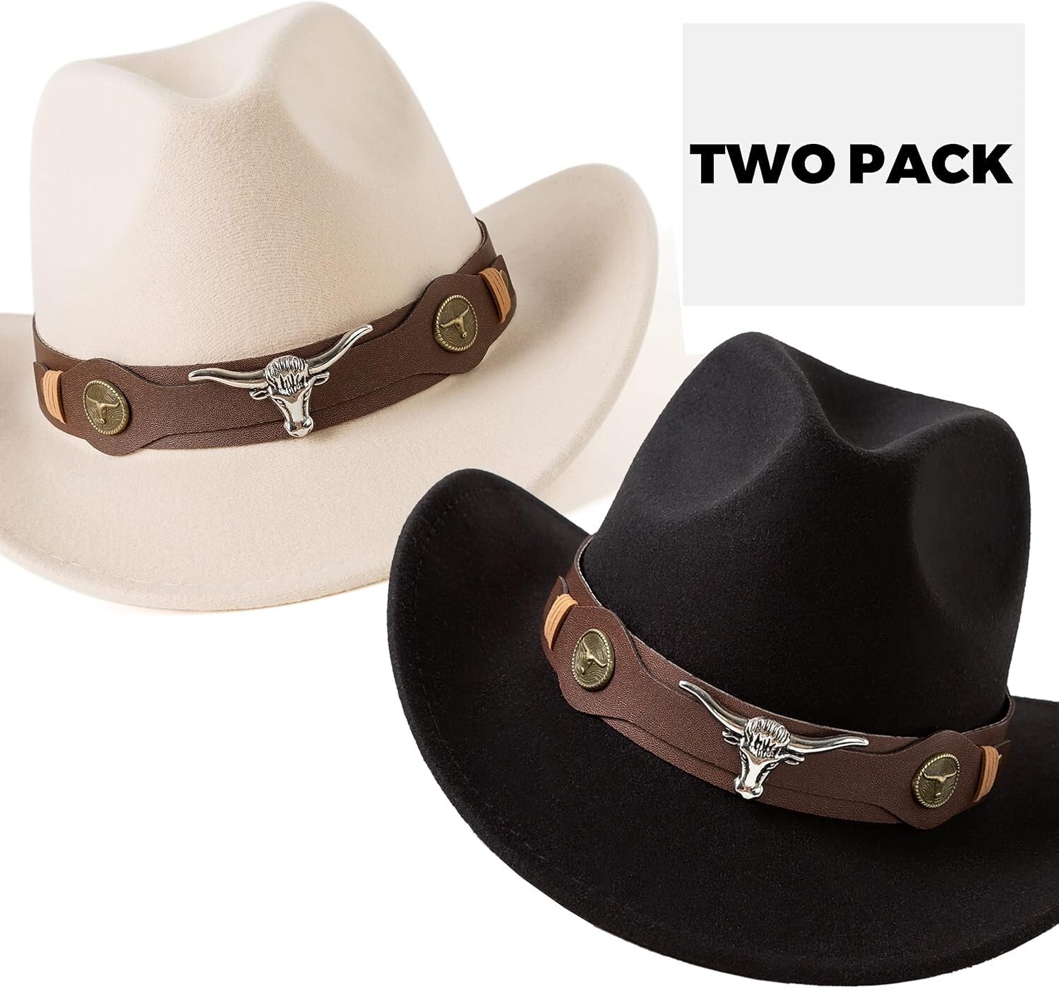 Chic 2 Pack Women's Western Style Hats with Faux Leather Band & Fashion Flair