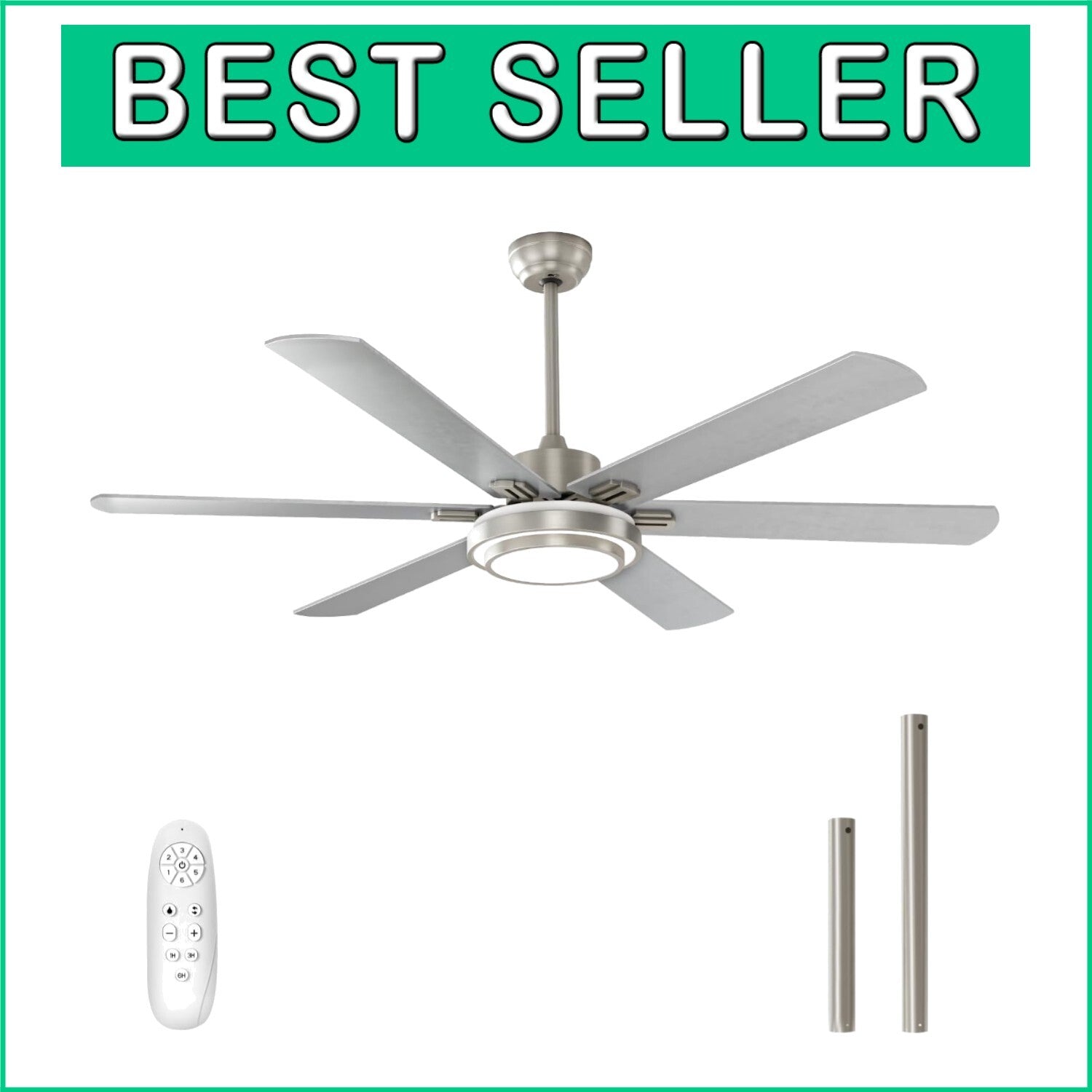 Elegant Ceiling Fan with Lights - 62 Inch, Timer, Remote, Brushed Nickel Finish