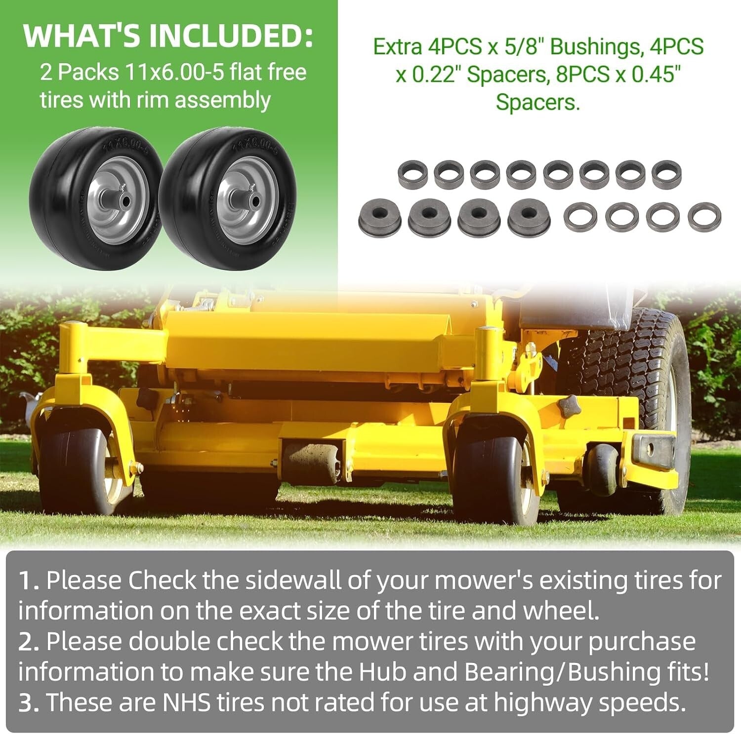 11" Flat-Free Lawn Mower Wheel & Tire Set - Includes Bushings & Spacers