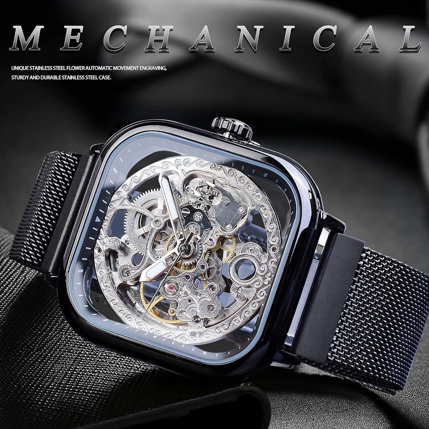 Elegant Men's Skeleton Wristwatch with Flower Movement Carving & Stainless Steel
