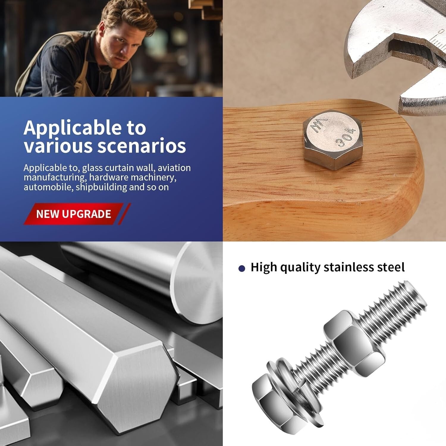 1/2-13 x 2" Fully Threaded Hex Bolts with Flat & Lock Washers - 18-8 Steel Set