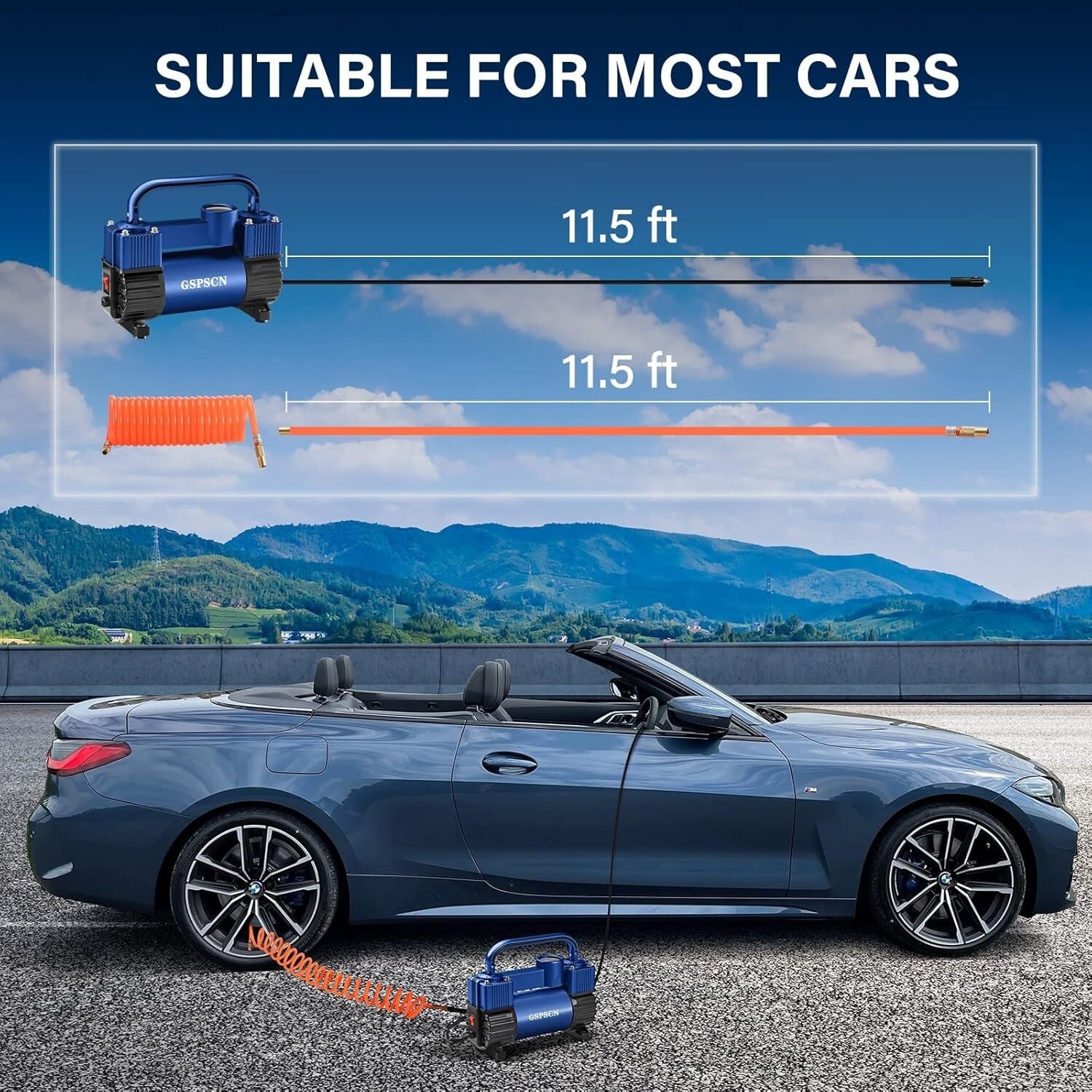 Lightweight 12V Tire Inflator with 11ft Hose - Quick Inflation for All Vehicles