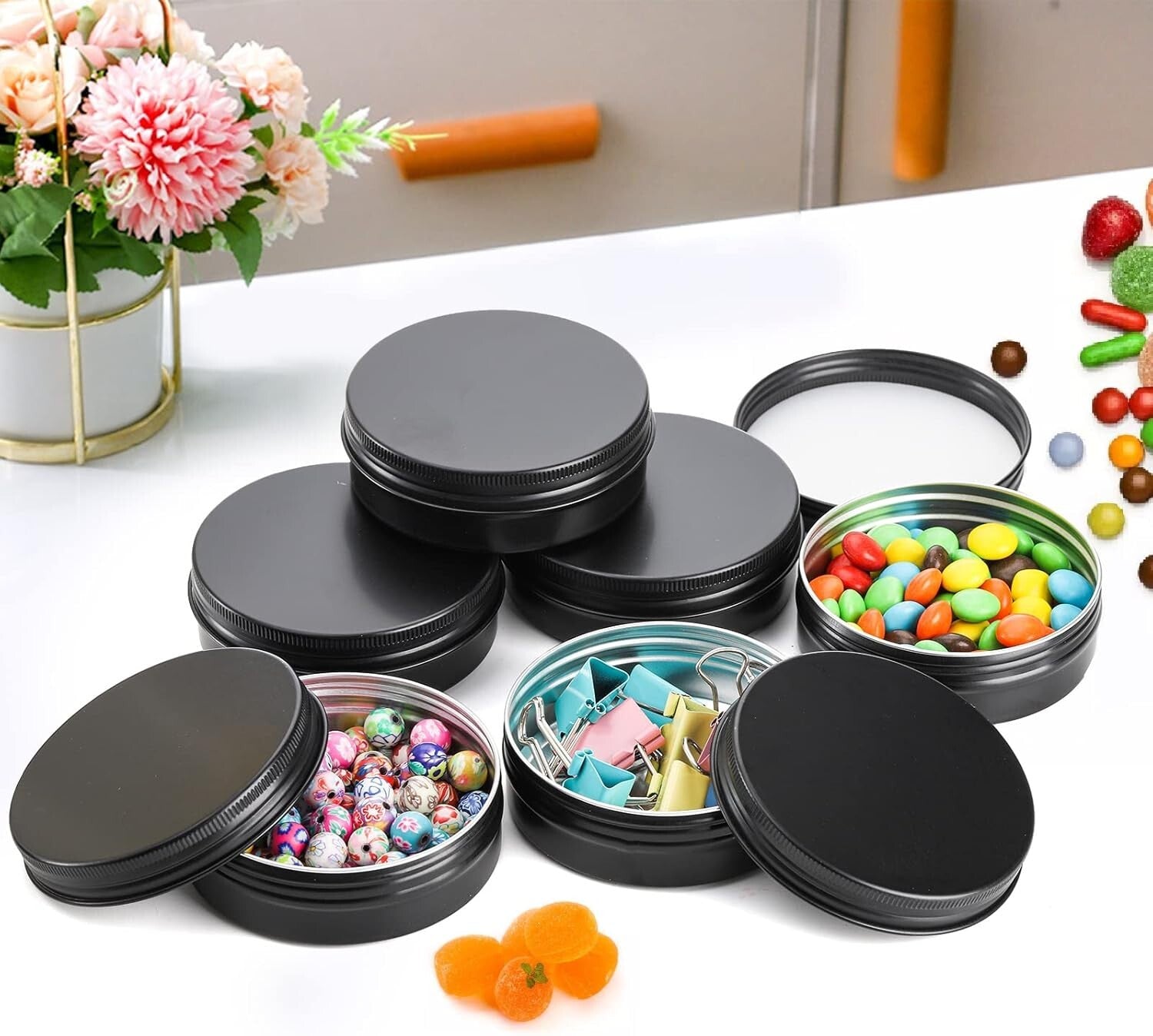 Compact Round 4 oz Matte Black Aluminum Tins - 48 Pack Storage for Crafts