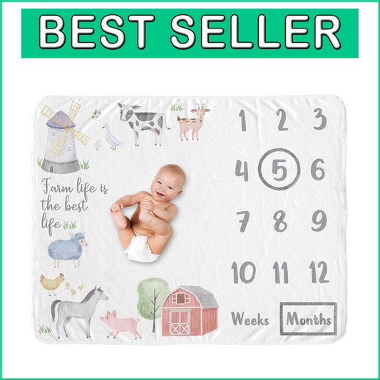 40x50 Minky Fleece Farm Animal Blanket with Photo Frames for Newborn Memories