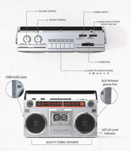 Load image into Gallery viewer, Compact Retro Boombox with Bluetooth, USB, &amp; Cassette Player - 80s Revival
