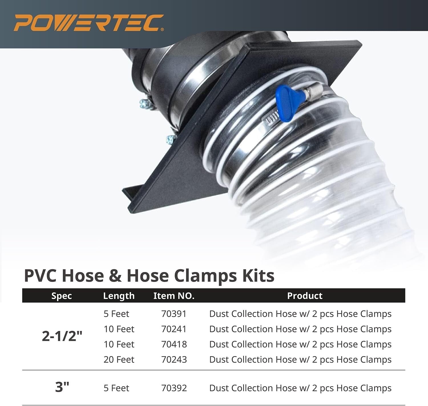 2-1/2" x 20' PVC Dust Collection Hose with 2 Stainless Steel Clamps - Worksho...