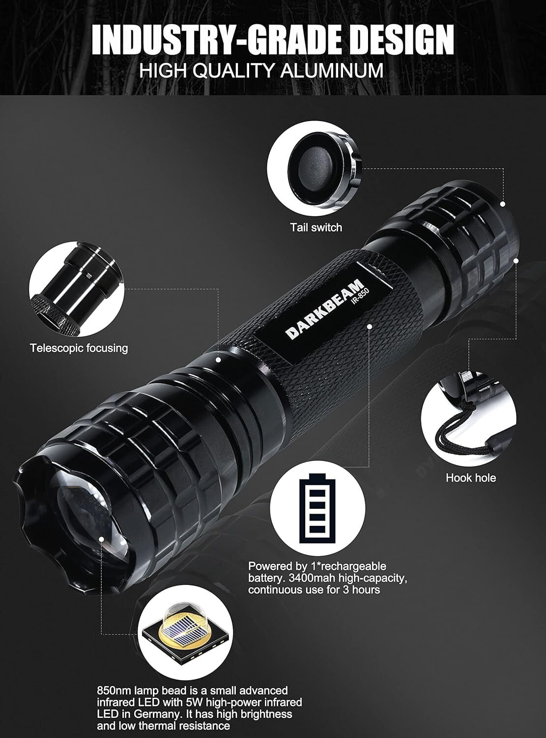 Adjustable Focus Infrared 850nm Flashlight - Perfect for Hunting and Observation