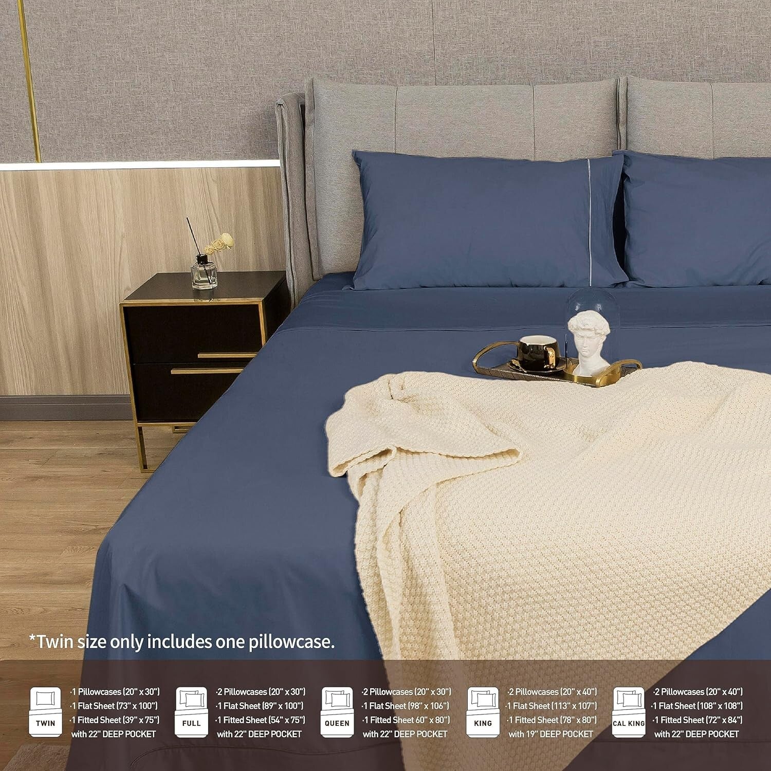 Blue Indigo Luxury Full Sheet Set - 22-Inch Deep Pocket, Breathable Cotton