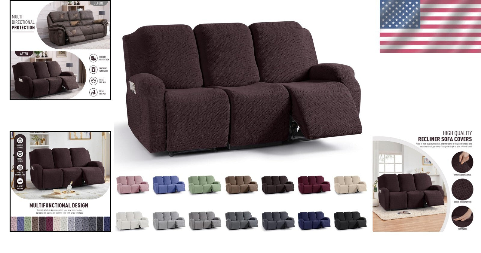 Elegant Stretch Recliner Sofa Covers with Jacquard Pattern - Dark Coffee