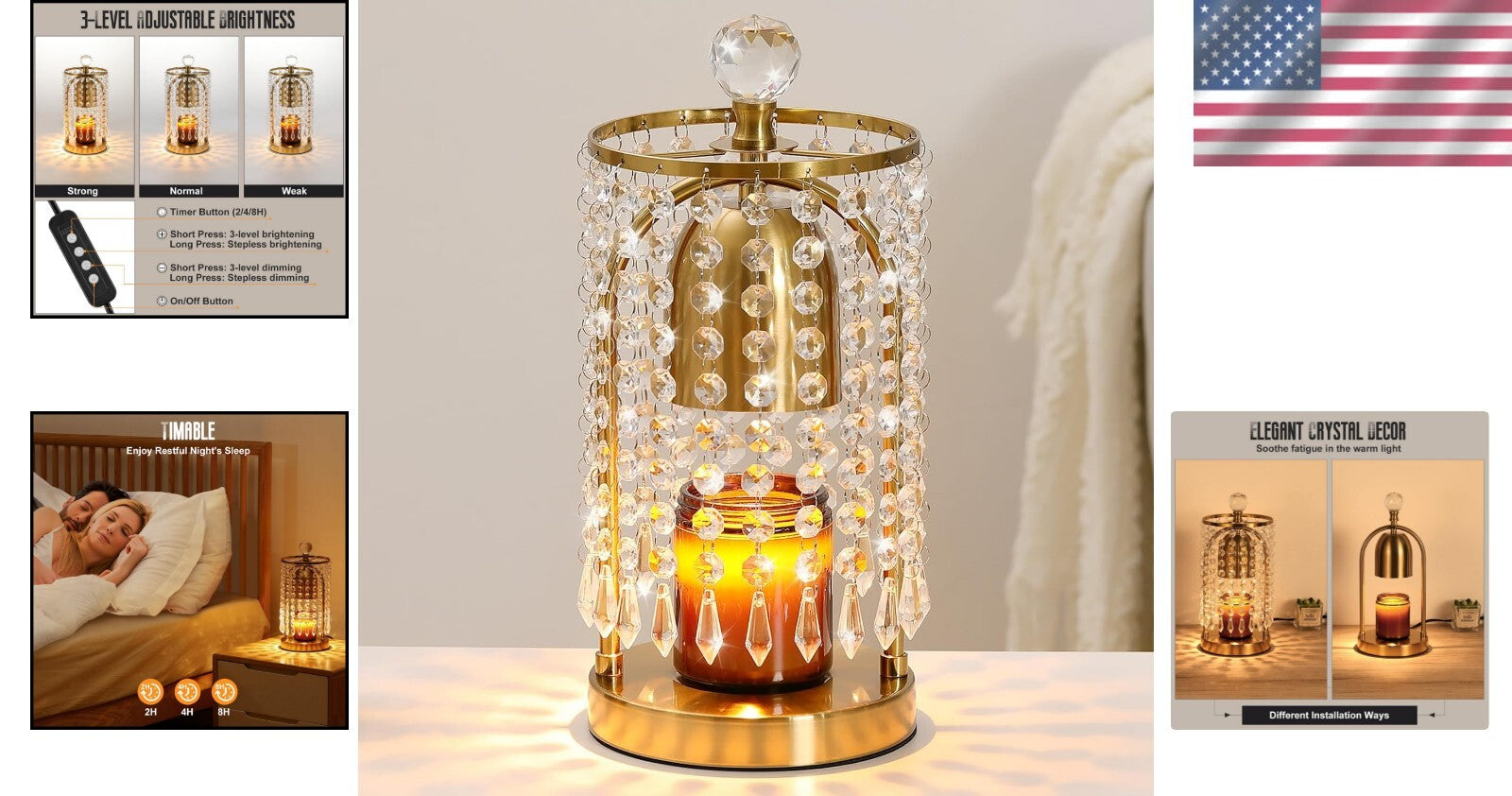 Candle Warmer with Timer & 2 Bulbs - Stylish Gold Crystal Decor for Home
