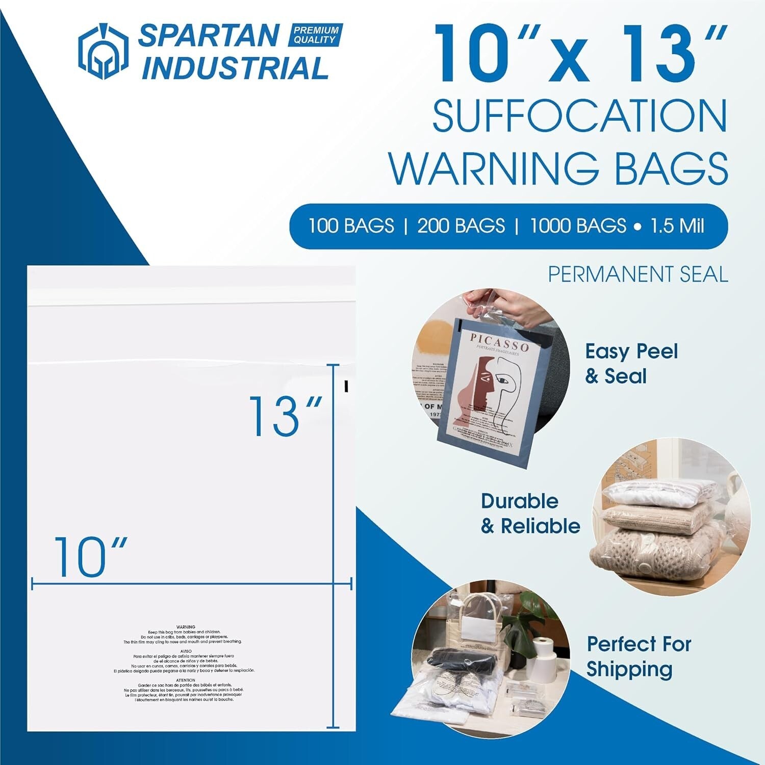 Durable 10" x 13" Self-Sealing Poly Bags - 1000 Pack with Permanent Adhesive