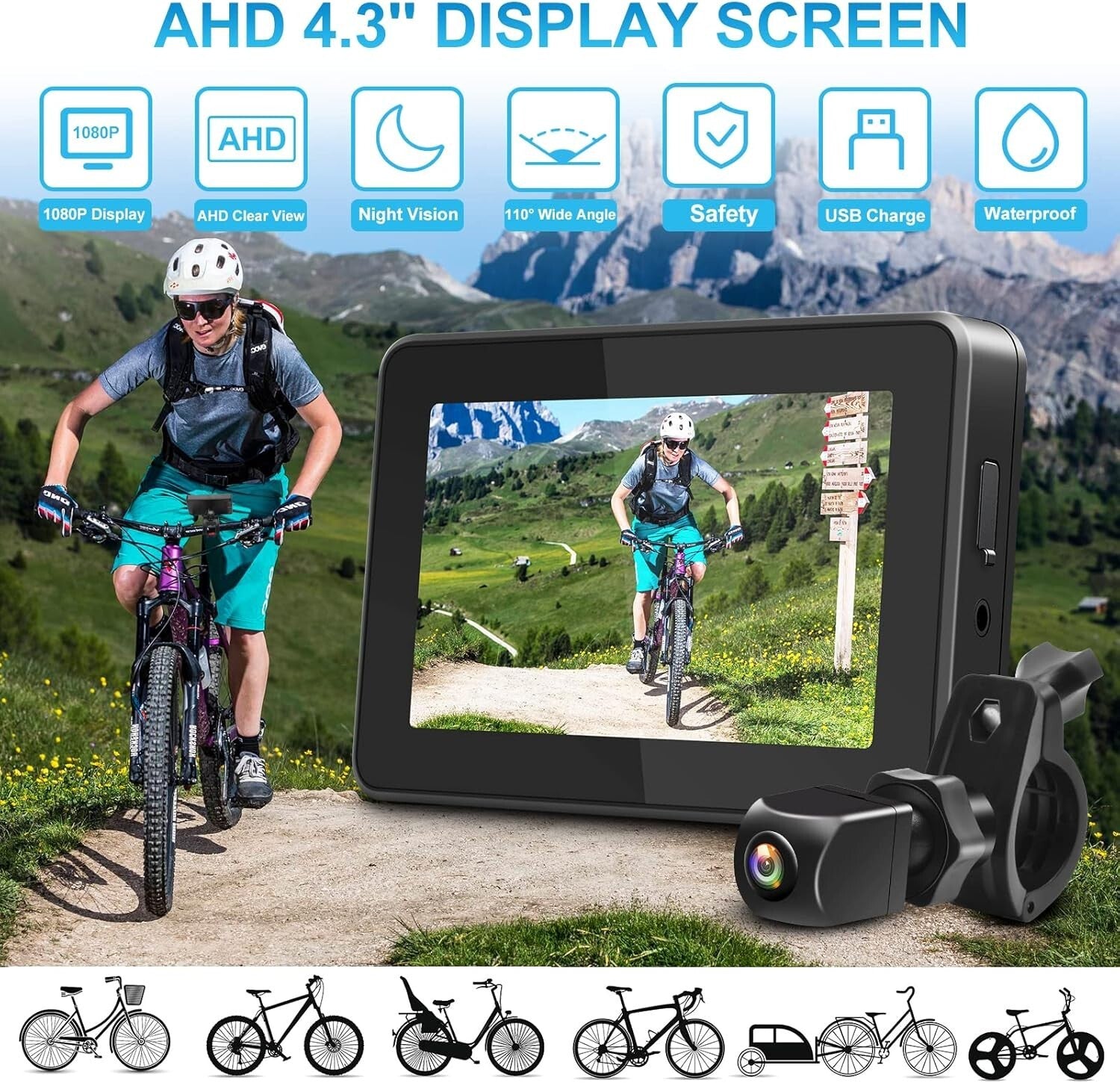 1080P AHD Bike Rear View Camera with 4.3'' Display - Safer Cycling Experience