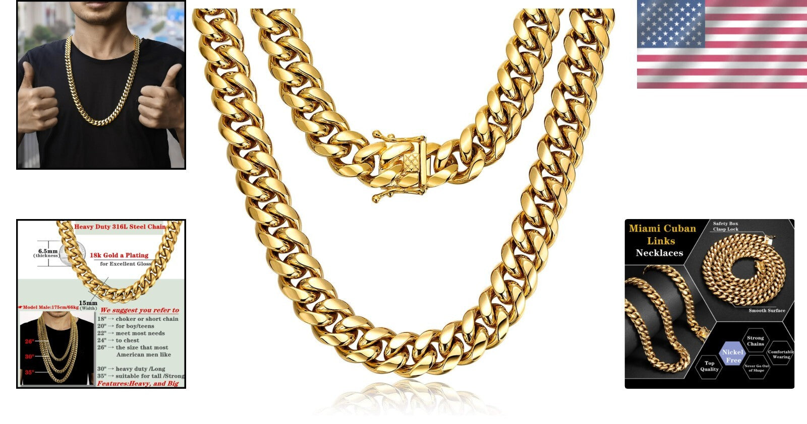 15mm Miami Cuban Link Chain Necklace - 18k Gold Stainless Steel - Stylish Unisex