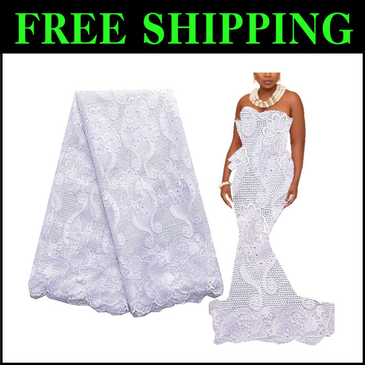 5-Yard Multi-Use African Lace Fabric with Beads - Fashion and Craft Essentials