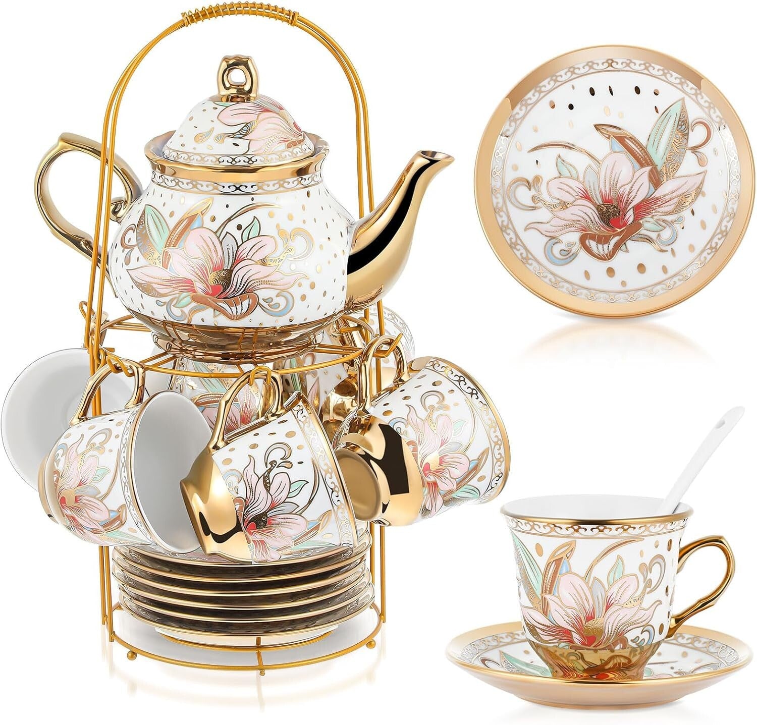 Exquisite Ceramic Tea Set - 20 Pcs with Gold Accents for Elegant Gatherings