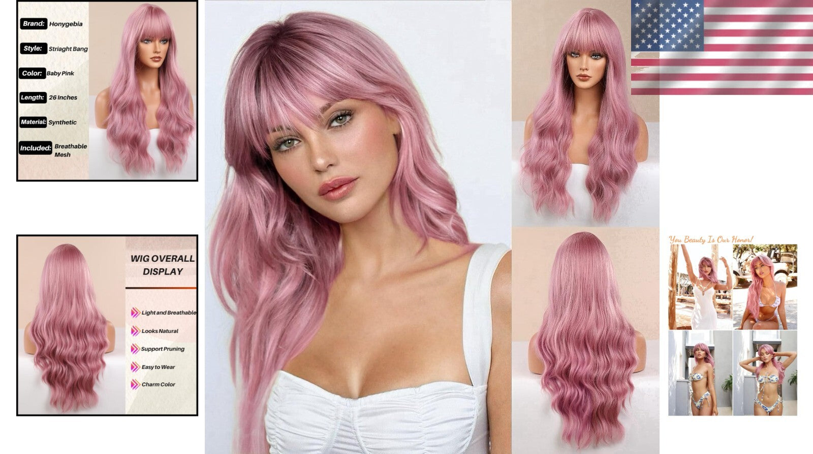Breathable Baby Pink Wig with Natural Bangs – Heat Resistant for Daily Wear