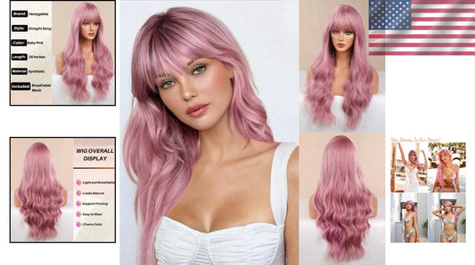 Breathable Baby Pink Wig with Natural Bangs – Heat Resistant for Daily Wear