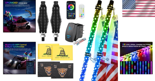 2 Pack 3FT RGB LED Whip Lights with App & Remote Control - Waterproof & Durable