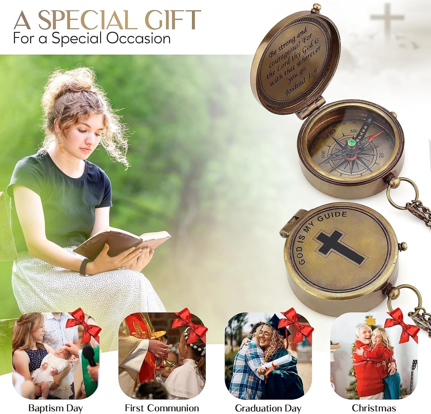 Elegant Brass Compass Display with Joshua 1:9 Inscription - Perfect for Gifting