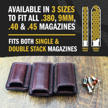 Load image into Gallery viewer, Elegant Multi-Fit Leather Magazine Holder for 9mm, .40, .45, and .380 Pistols