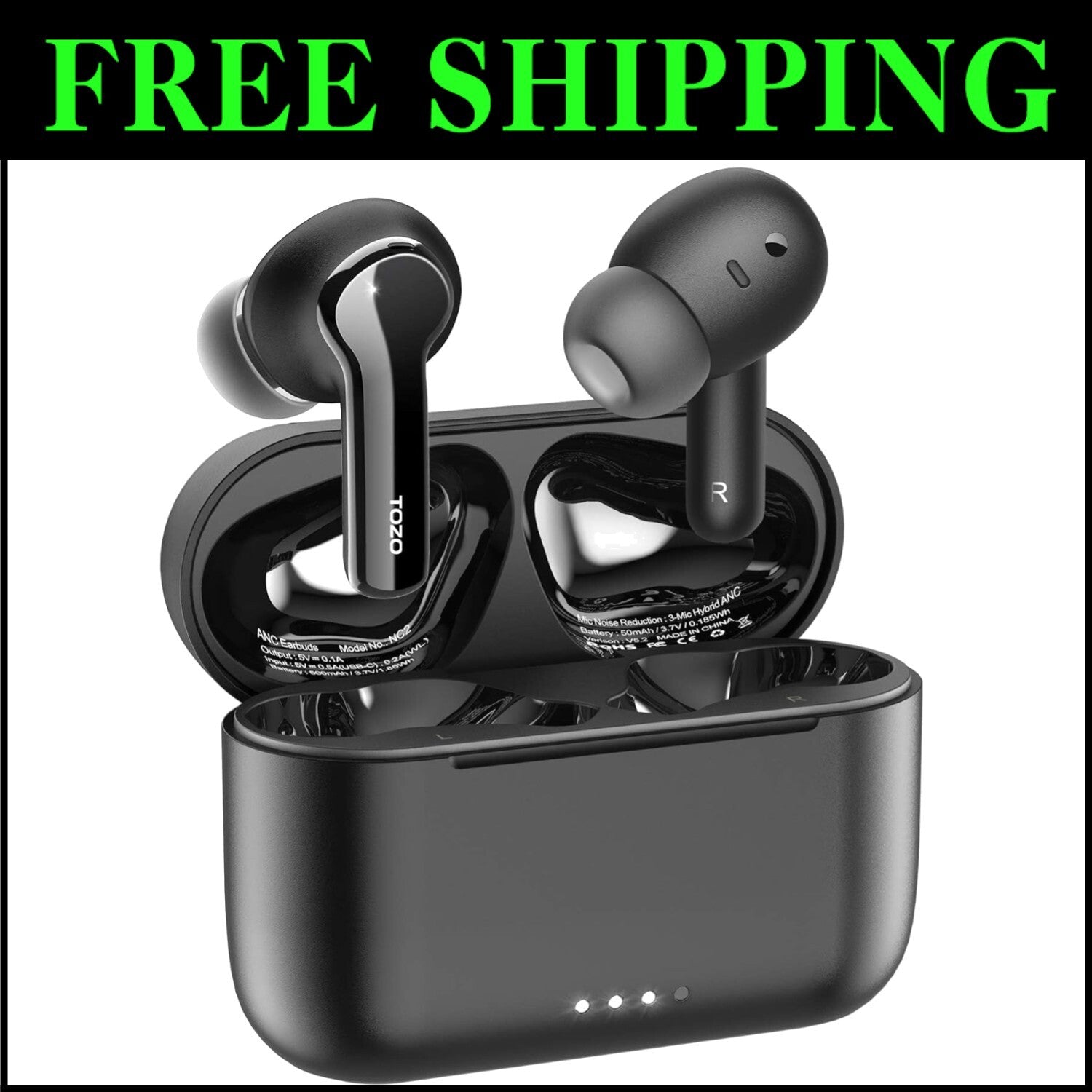 Matte Black Wireless Earbuds with 21-Hour Battery Life & Active Noise Cancelling