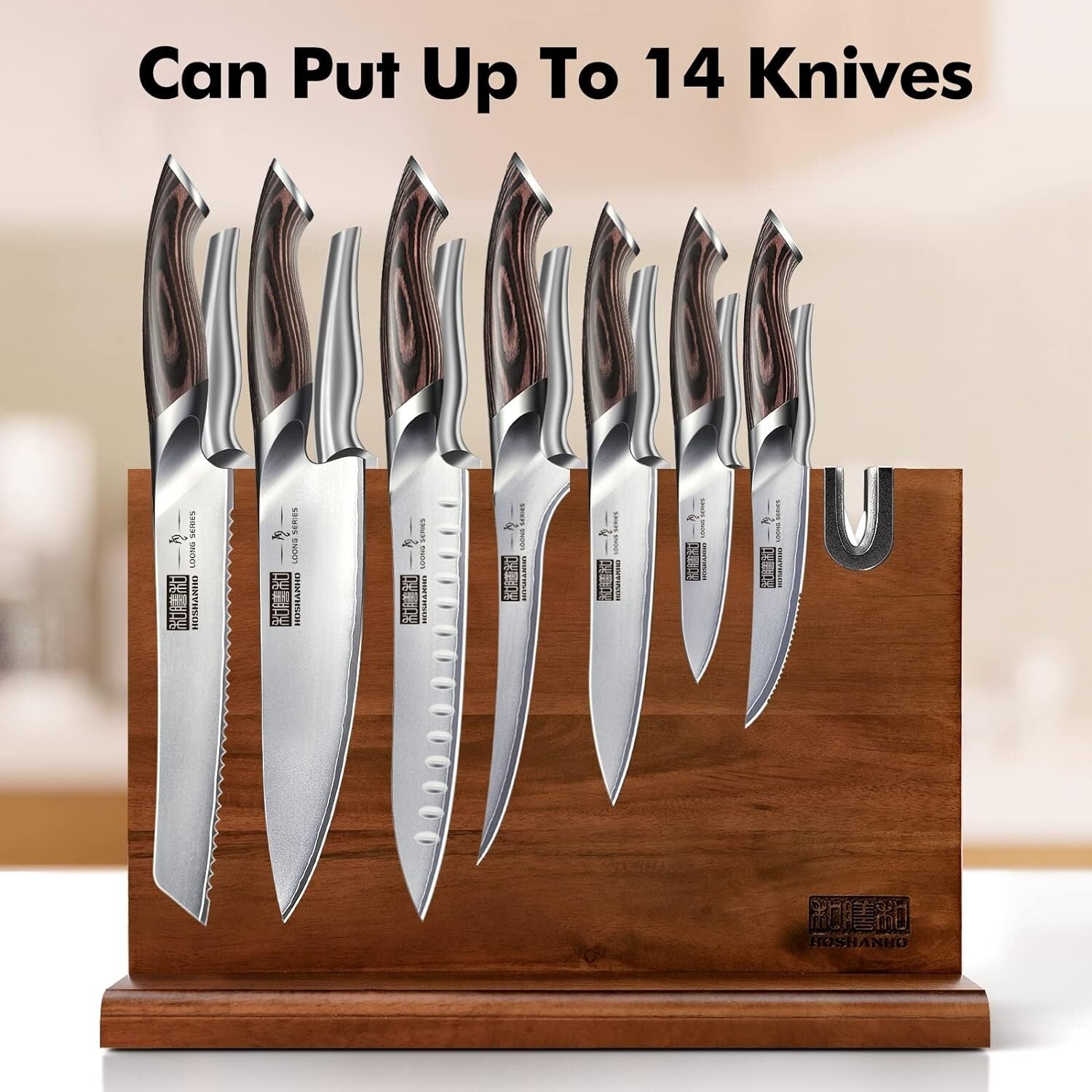 14x10 Magnetic Knife Holder Rack - Stylish Acacia Wood with Built-In Sharpener