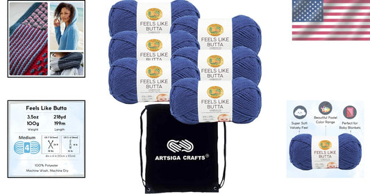 Durable Royal Blue Yarn Set - Same Dye Lot, 6 Skeins & Drawstring Project Bag