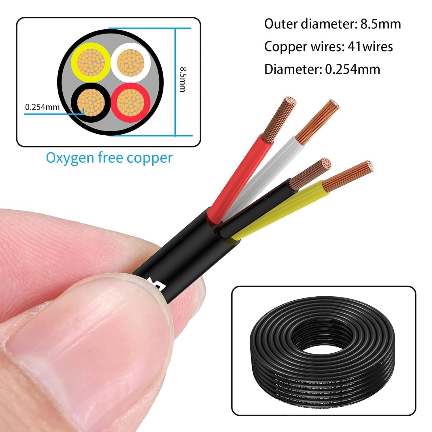Durable Oxygen-Free 4 Conductor Copper Cable 50FT for Easy Electrical Projects