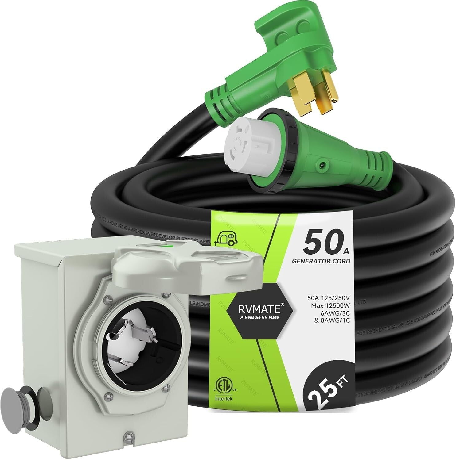 50 Amp Generator Cord 25FT with Pre-Drilled Power Inlet Box Kit, Durable & Safe