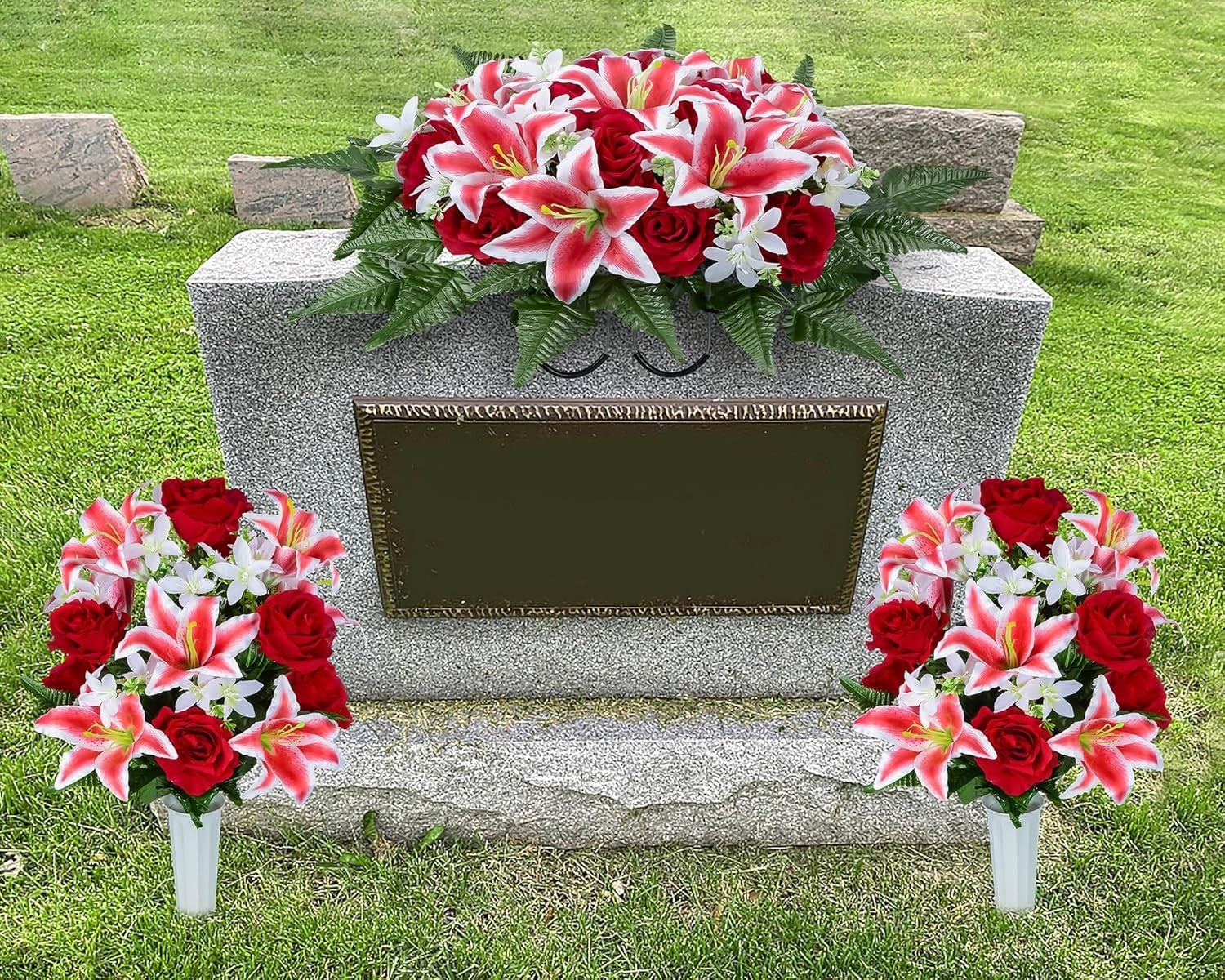Elegant Artificial Cemetery Flower Saddle with 3 Bouquets for Headstone Decor
