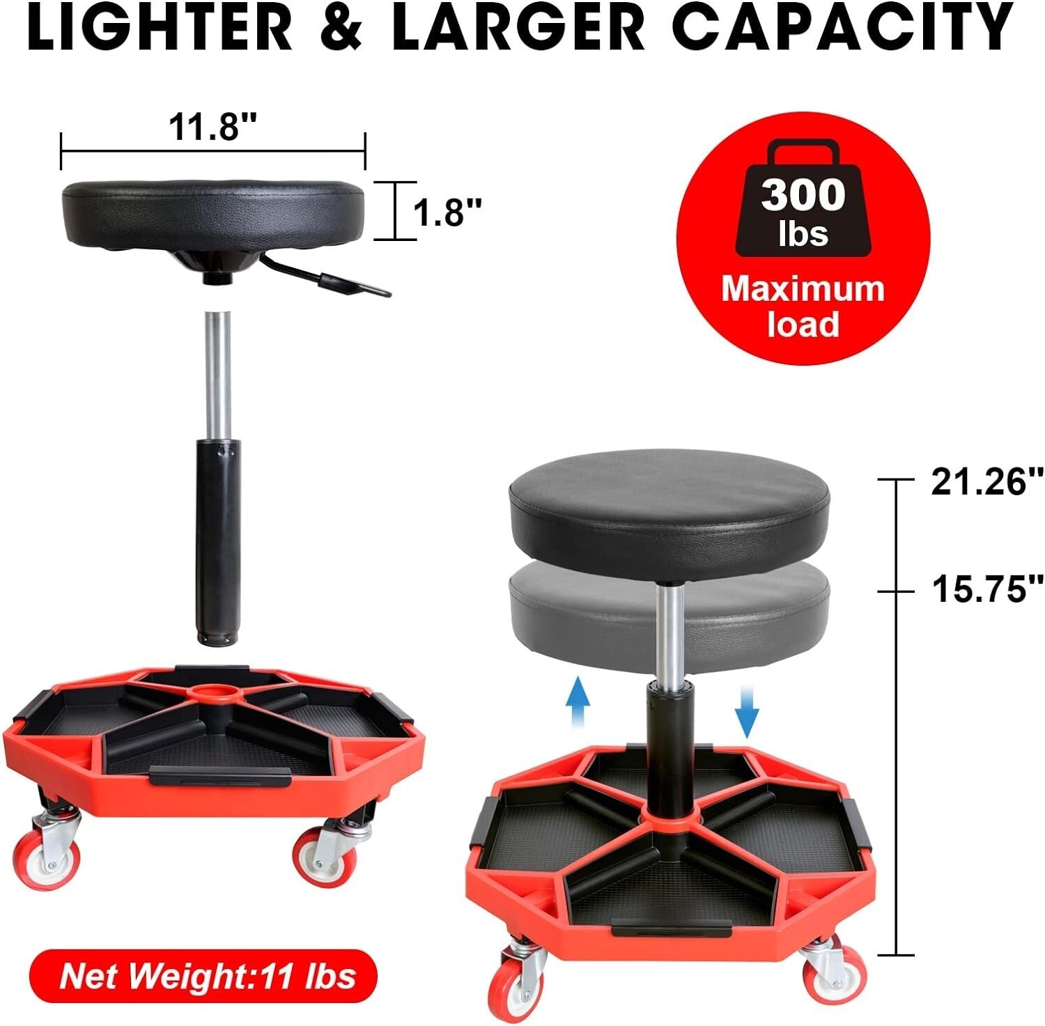 Durable Pneumatic Rolling Mechanic Stool with Soft Vinyl Seat, 300 lbs Capacity