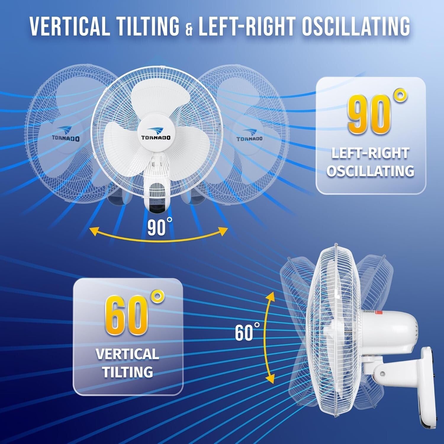 Customizable 16 Inch Wall Mounted Fan Set with Remote - 3 Speeds, 90° Rotation